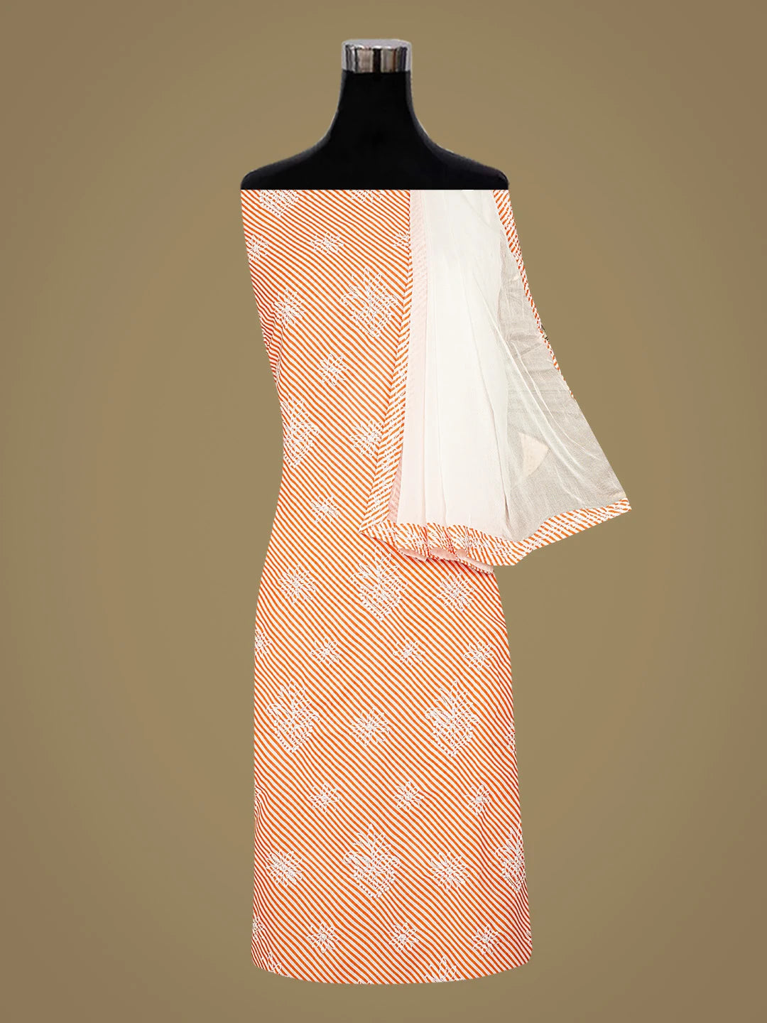 Ada Hand Embroidered Orange Cotton Lucknowi Chikankari Unstitched Suit Piece with Chiffon Dupatta 01A885390