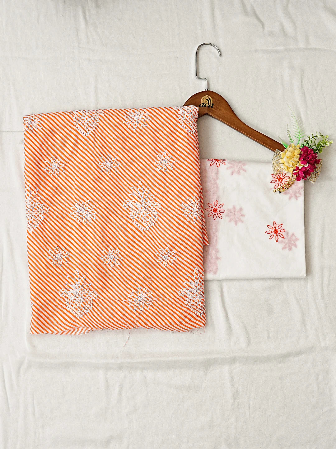 Ada Hand Embroidered Orange Cotton Lucknowi Chikankari Unstitched Suit Piece with Chiffon Dupatta 01A885390