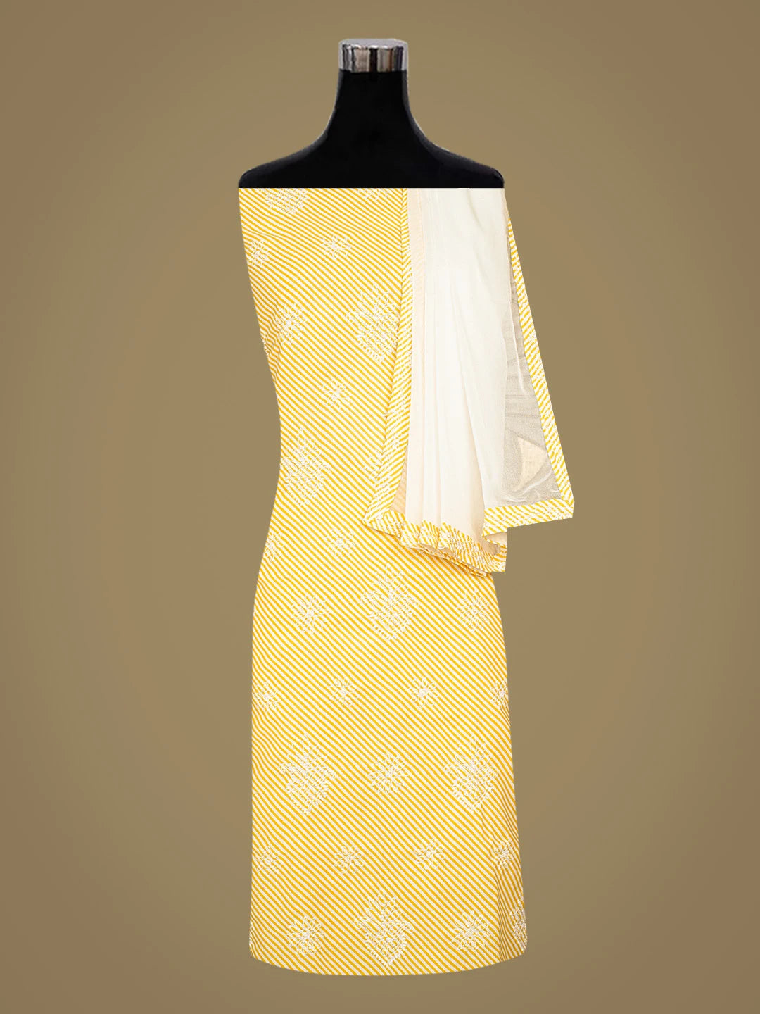 Ada Hand Embroidered Yellow Cotton Lucknowi Chikankari Unstitched Suit Piece with Chiffon Dupatta 01A885364