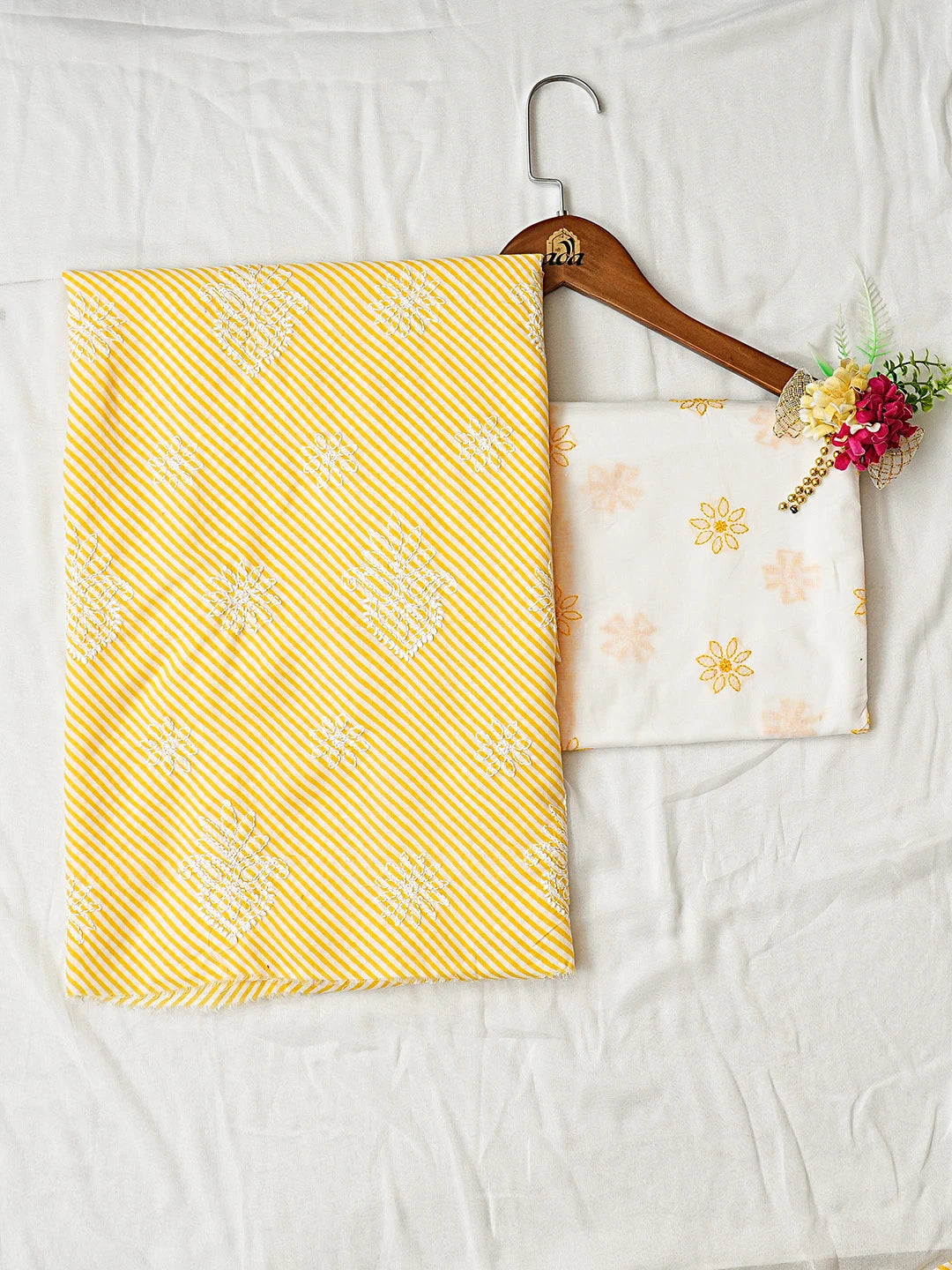 Ada Hand Embroidered Yellow Cotton Lucknowi Chikankari Unstitched Suit Piece with Chiffon Dupatta 01A885364