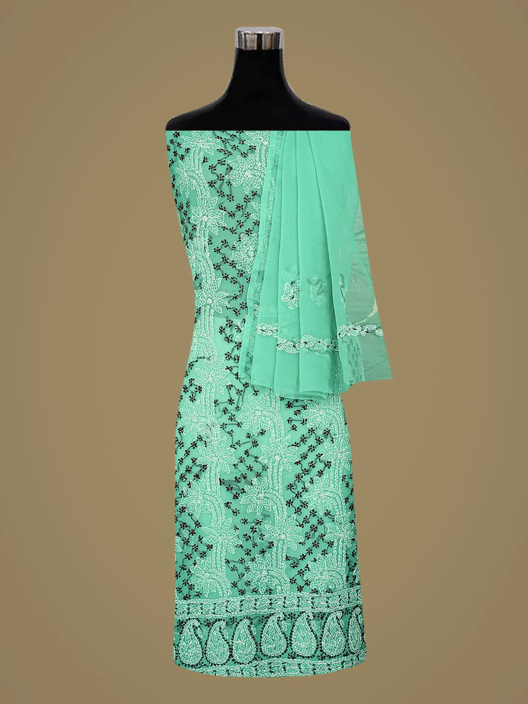 Ada Hand Embroidered Rama Green Georgette Lucknowi Chikankari Unstitched Suit Piece 01A872109