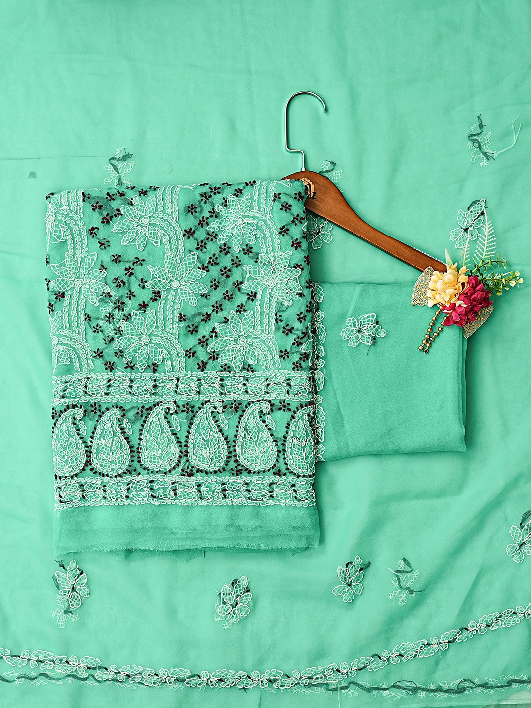 Ada Hand Embroidered Rama Green Georgette Lucknowi Chikankari Unstitched Suit Piece 01A872109