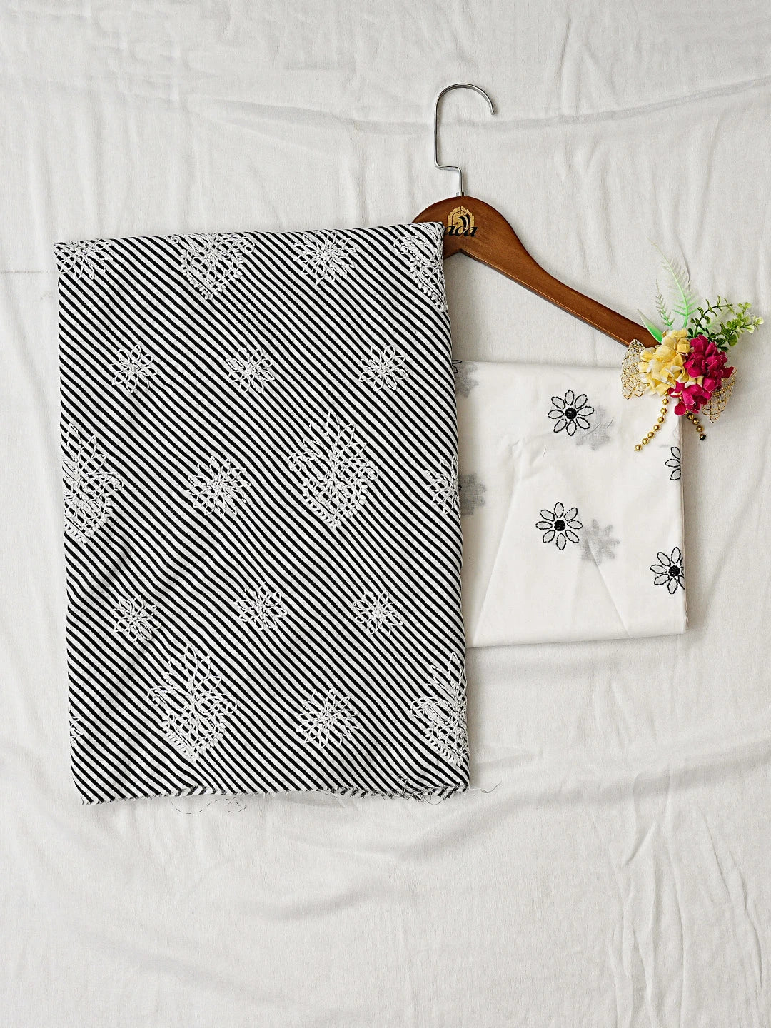 Ada Hand Embroidered Black Cotton Lucknowi Chikankari Unstitched Suit Piece with Chiffon Dupatta 01A885380