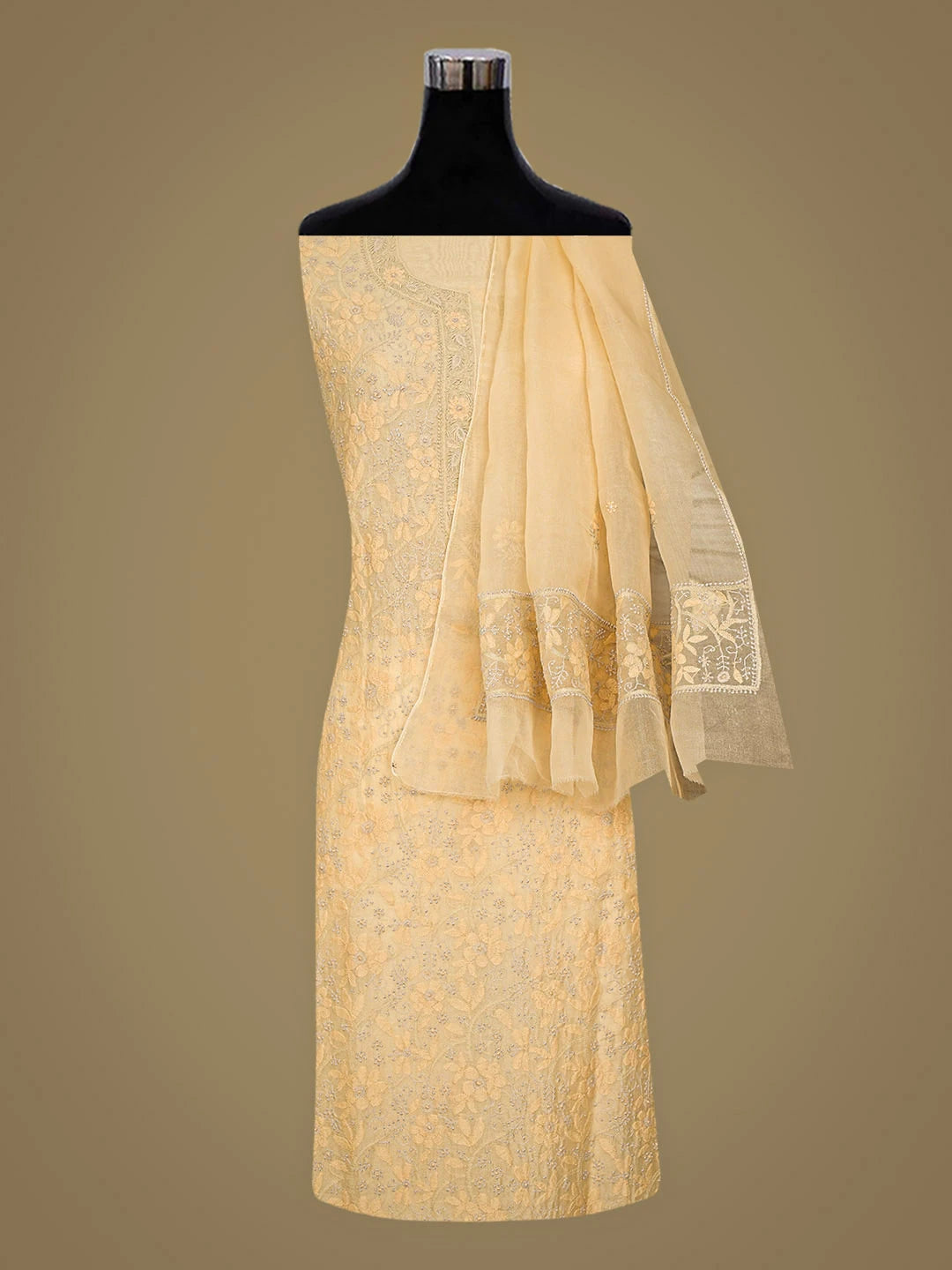 Ada Hand Embroidered Fawn Organza Lucknowi Chikankari Unstitched Kurta Dupatta Set 01A888729