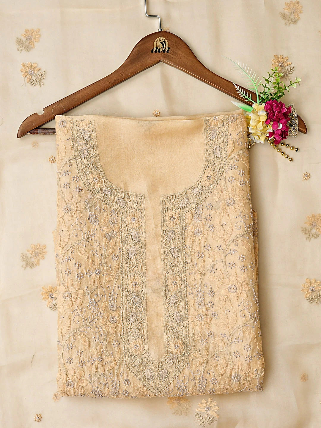 Ada Hand Embroidered Fawn Organza Lucknowi Chikankari Unstitched Kurta Dupatta Set 01A888729