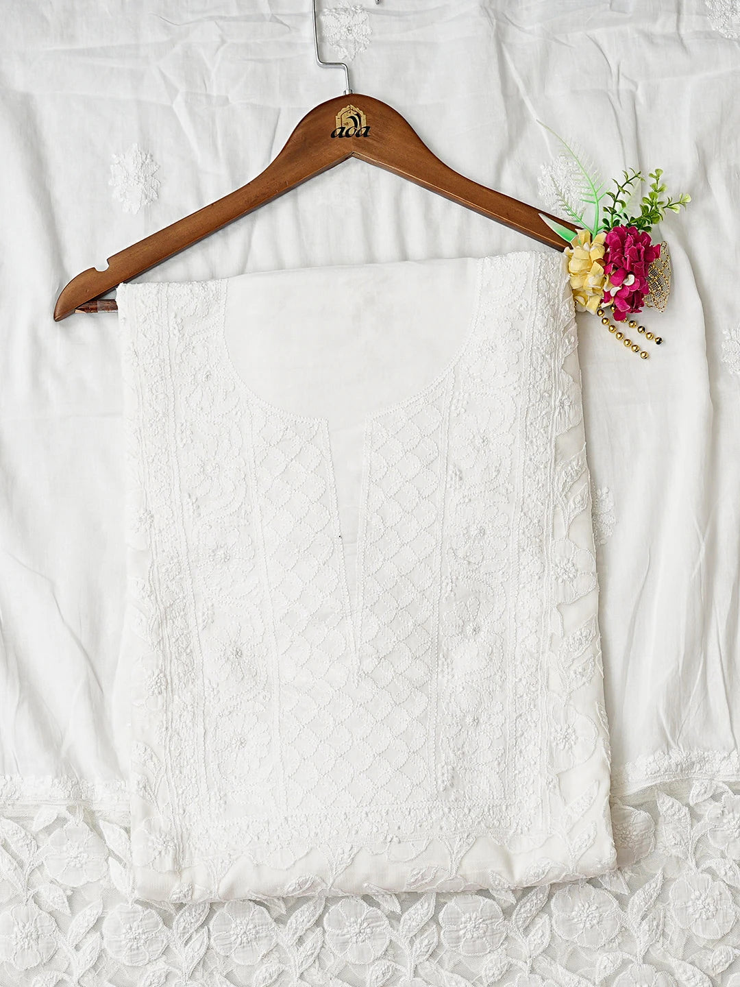 Ada Hand Embroidered White Cotton Lucknowi Chikankari Unstitched Kurta Dupatta Set 01A743500