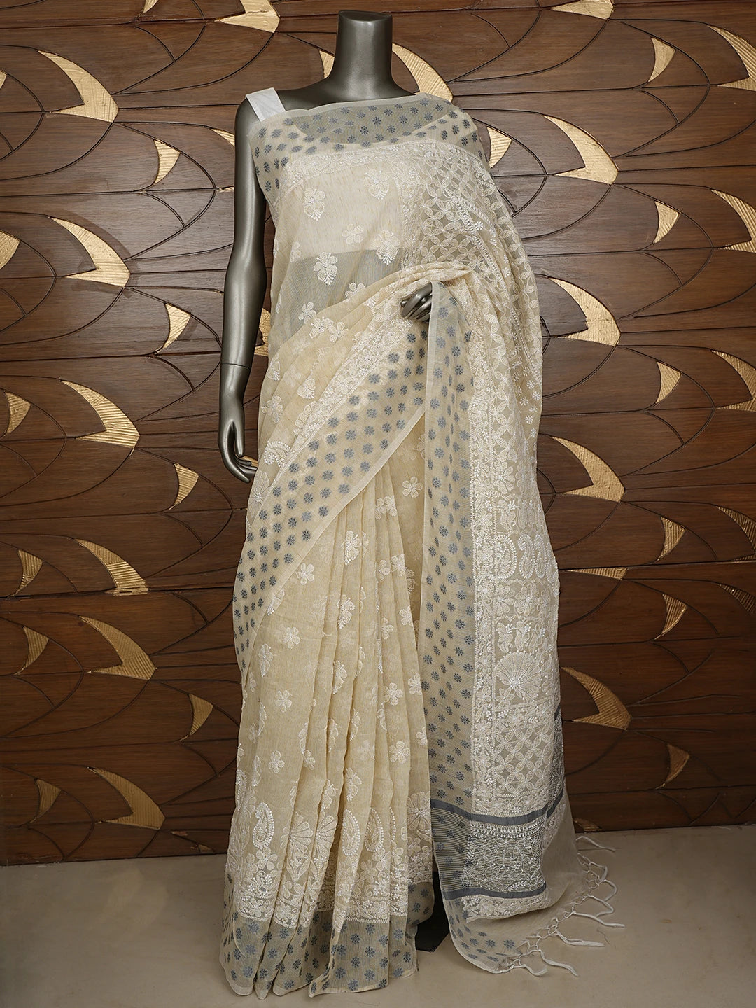 Ada Hand Embroidered Beige Chanderi Lucknowi Chikankari Saree With Blouse 01A879561