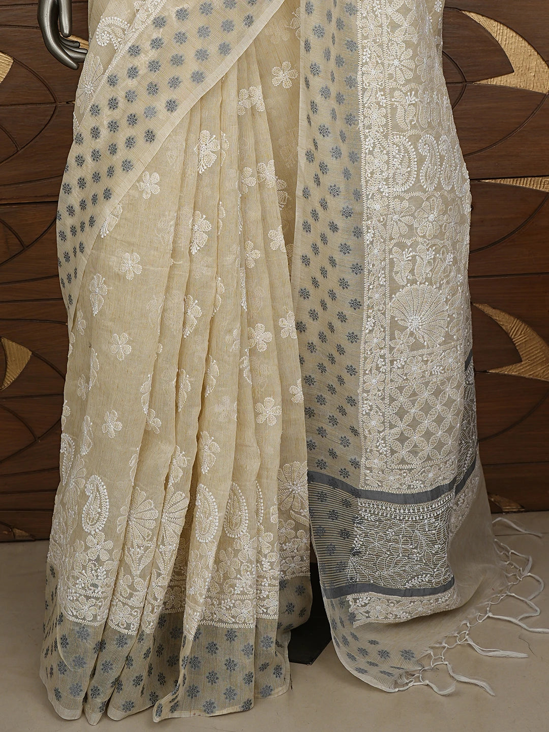 Ada Hand Embroidered Beige Chanderi Lucknowi Chikankari Saree With Blouse 01A879561