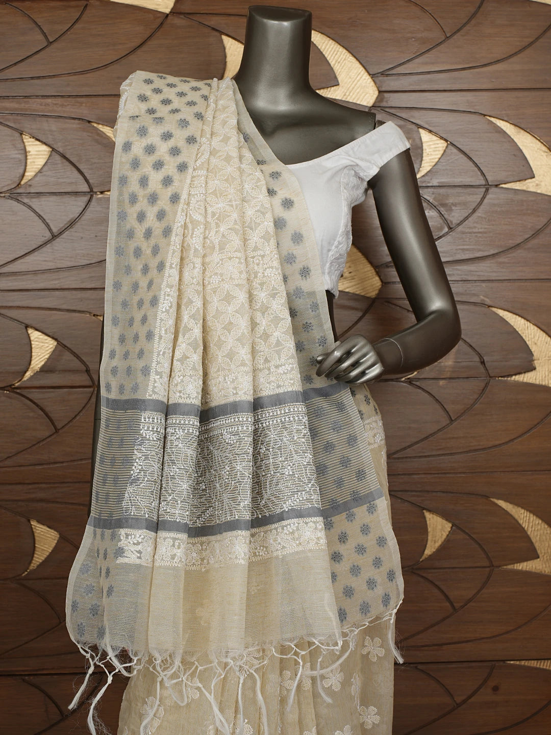 Ada Hand Embroidered Beige Chanderi Lucknowi Chikankari Saree With Blouse 01A879561