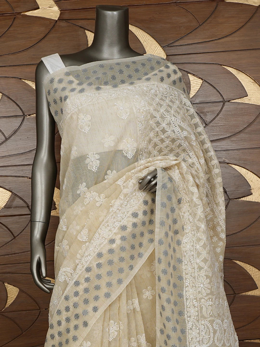 Ada Hand Embroidered Beige Chanderi Lucknowi Chikankari Saree With Blouse 01A879561