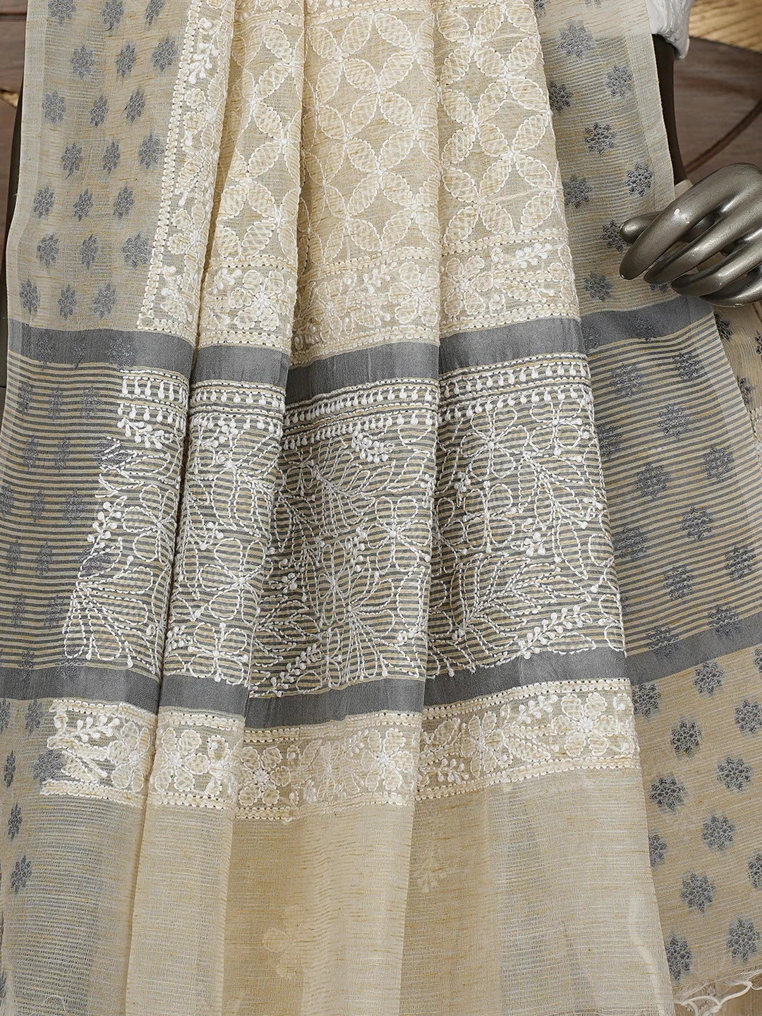 Ada Hand Embroidered Beige Chanderi Lucknowi Chikankari Saree With Blouse 01A879561