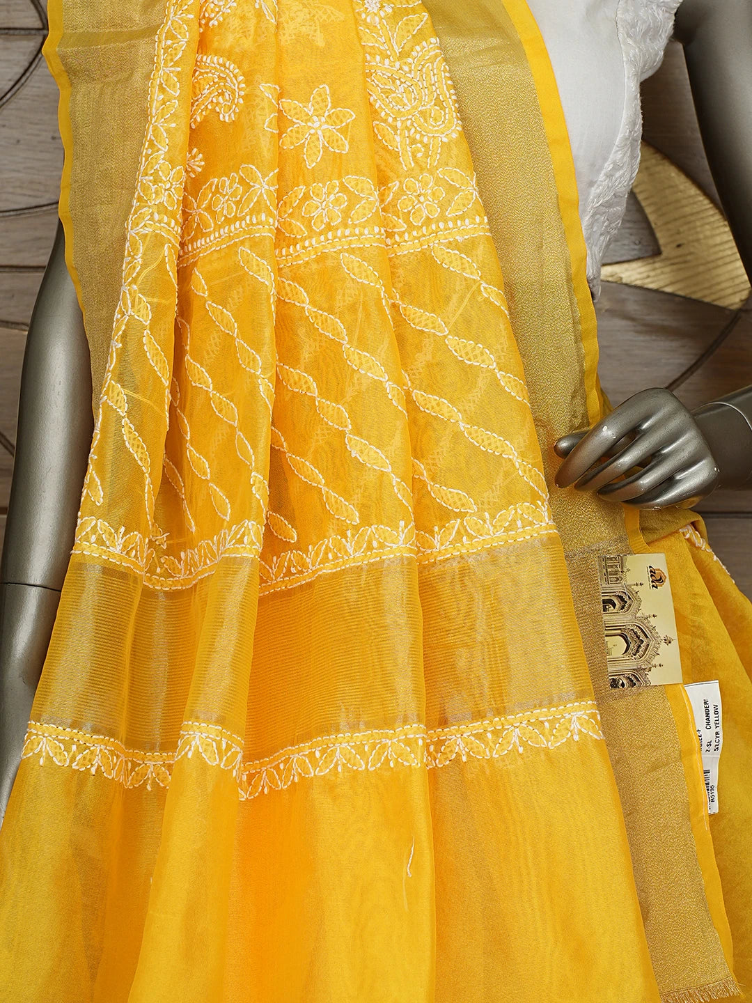 Ada Hand Embroidered Yellow Chanderi Lucknowi Chikankari Saree With Blouse 01A878664