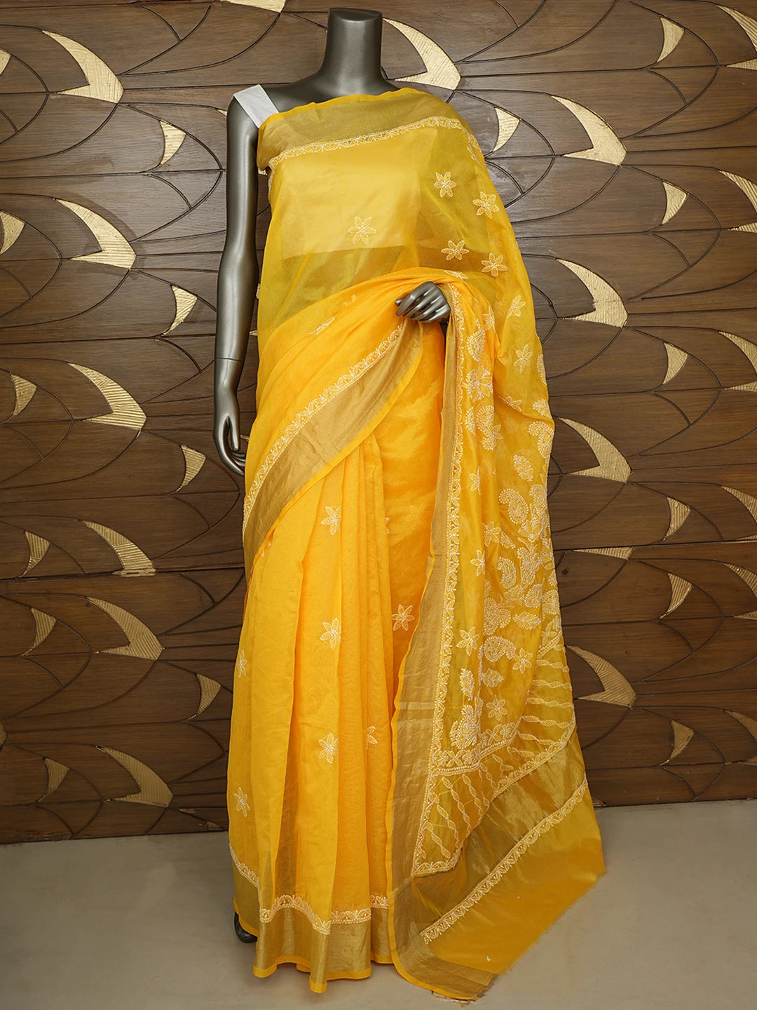 Ada Hand Embroidered Yellow Chanderi Lucknowi Chikankari Saree With Blouse 01A878664