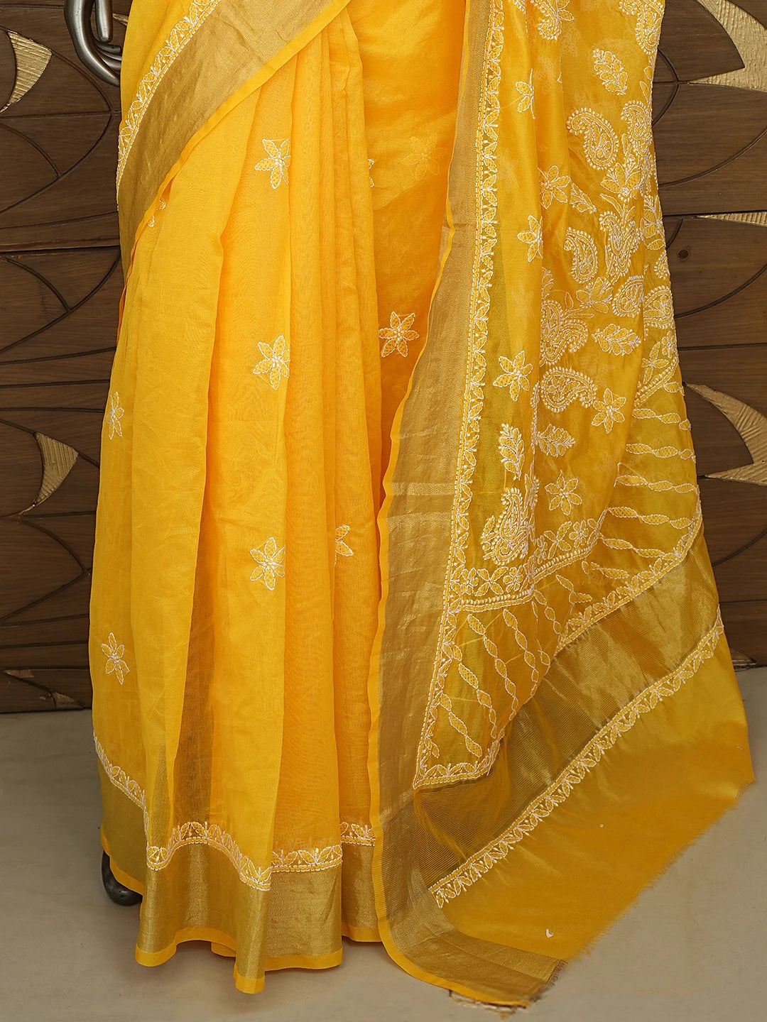 Ada Hand Embroidered Yellow Chanderi Lucknowi Chikankari Saree With Blouse 01A878664