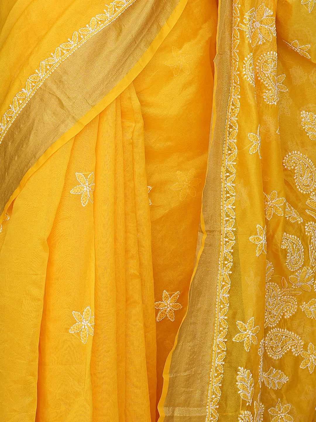 Ada Hand Embroidered Yellow Chanderi Lucknowi Chikankari Saree With Blouse 01A878664
