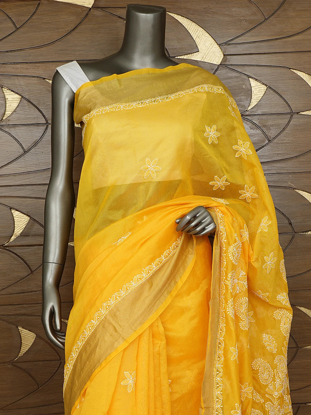 Ada Hand Embroidered Yellow Chanderi Lucknowi Chikankari Saree With Blouse 01A878664