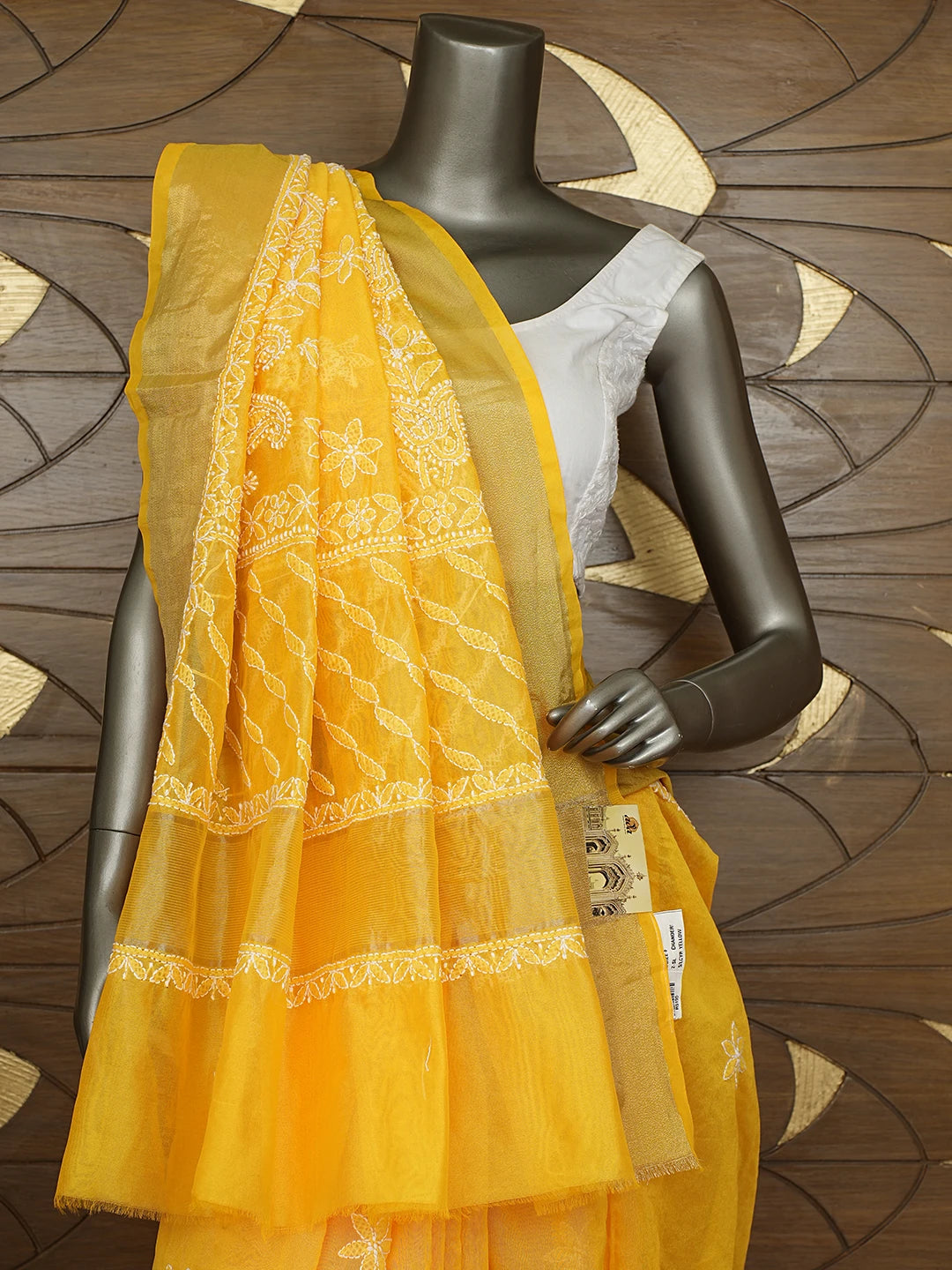 Ada Hand Embroidered Yellow Chanderi Lucknowi Chikankari Saree With Blouse 01A878664