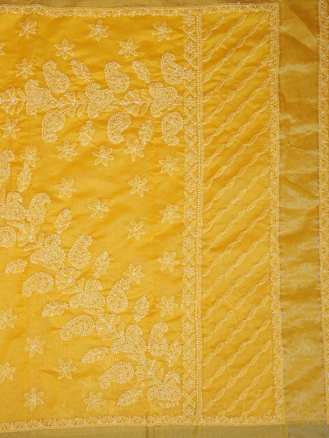 Ada Hand Embroidered Yellow Chanderi Lucknowi Chikankari Saree With Blouse 01A878664