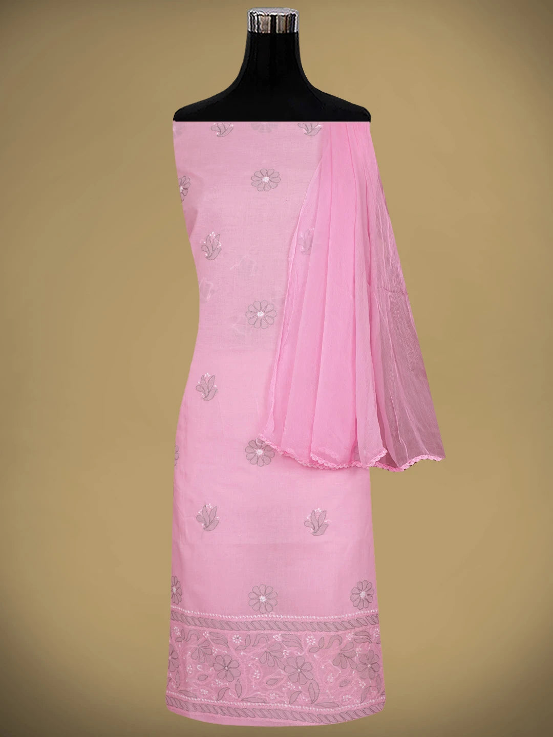 Ada Hand Embroidered Pink Cotton Lucknowi Chikankari Unstitched Suit Piece with Chiffon Dupatta 01A879475