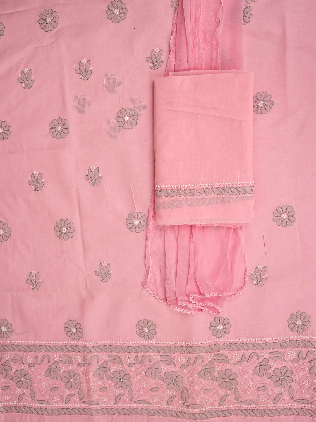 Ada Hand Embroidered Pink Cotton Lucknowi Chikankari Unstitched Suit Piece with Chiffon Dupatta 01A879475