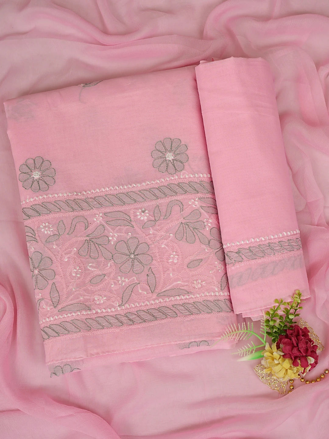 Ada Hand Embroidered Pink Cotton Lucknowi Chikankari Unstitched Suit Piece with Chiffon Dupatta 01A879475