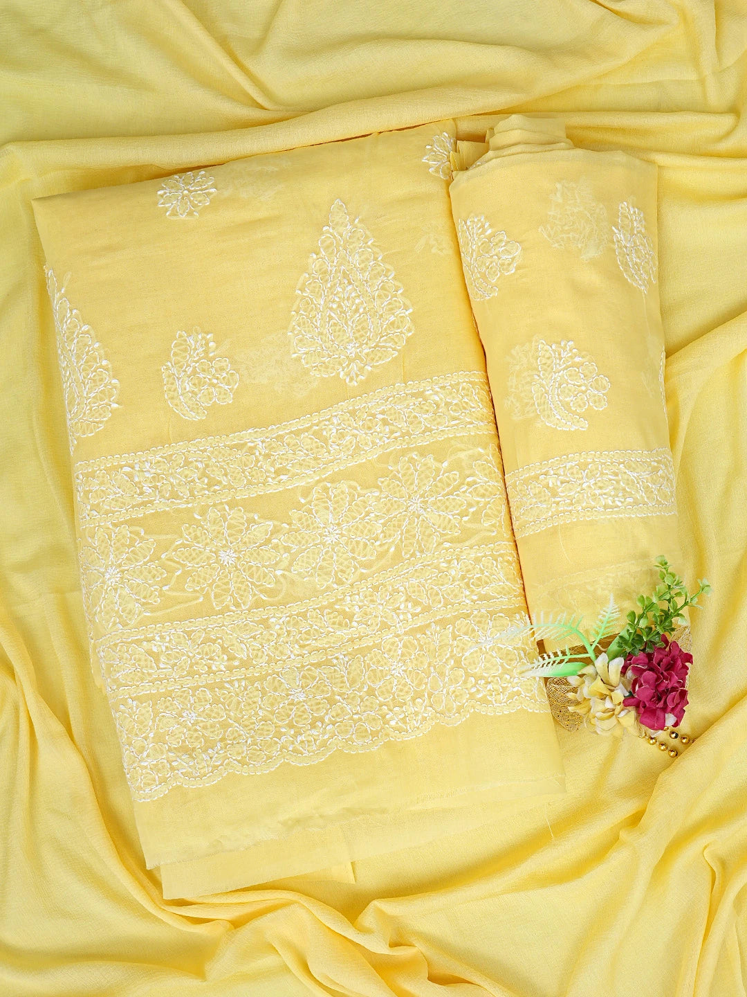 Ada Hand Embroidered Yellow Cotton Lucknowi Chikankari Unstitched Suit Piece 01A853630