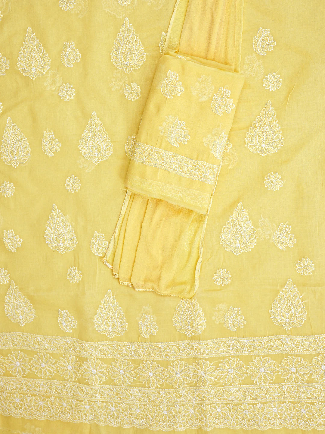 Ada Hand Embroidered Yellow Cotton Lucknowi Chikankari Unstitched Suit Piece 01A853630