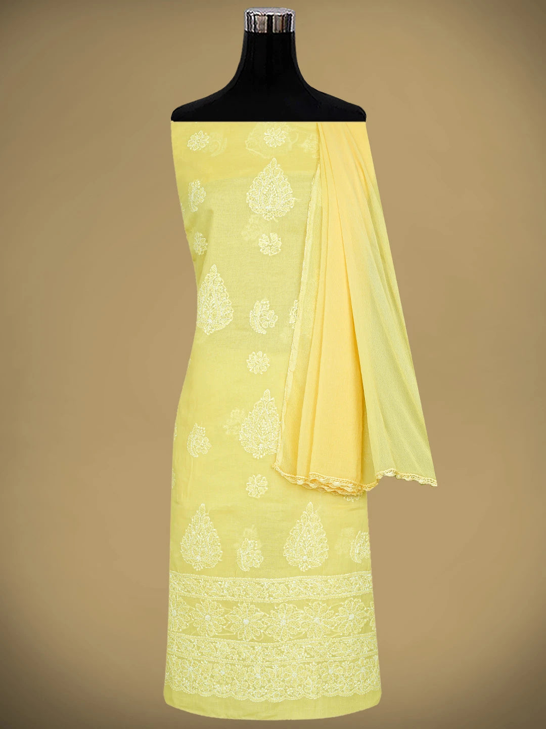 Ada Hand Embroidered Yellow Cotton Lucknowi Chikankari Unstitched Suit Piece 01A853630