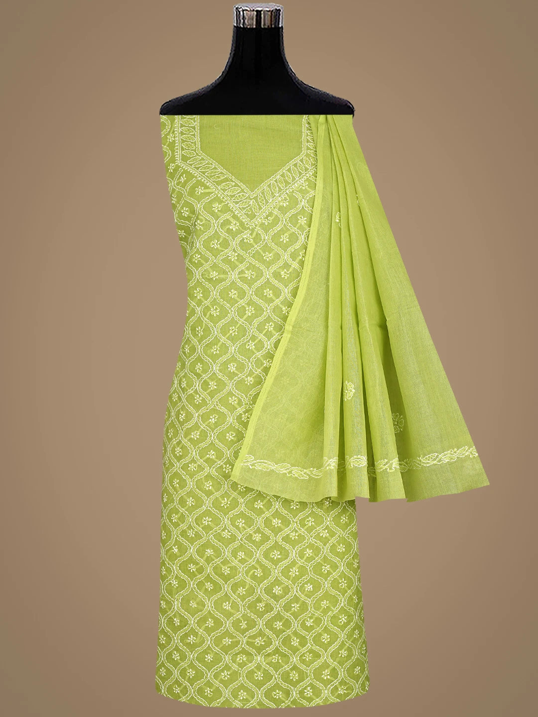 Ada Hand Embroidered Green Cotton Lucknowi Chikankari Unstitched Suit Piece 01A882370