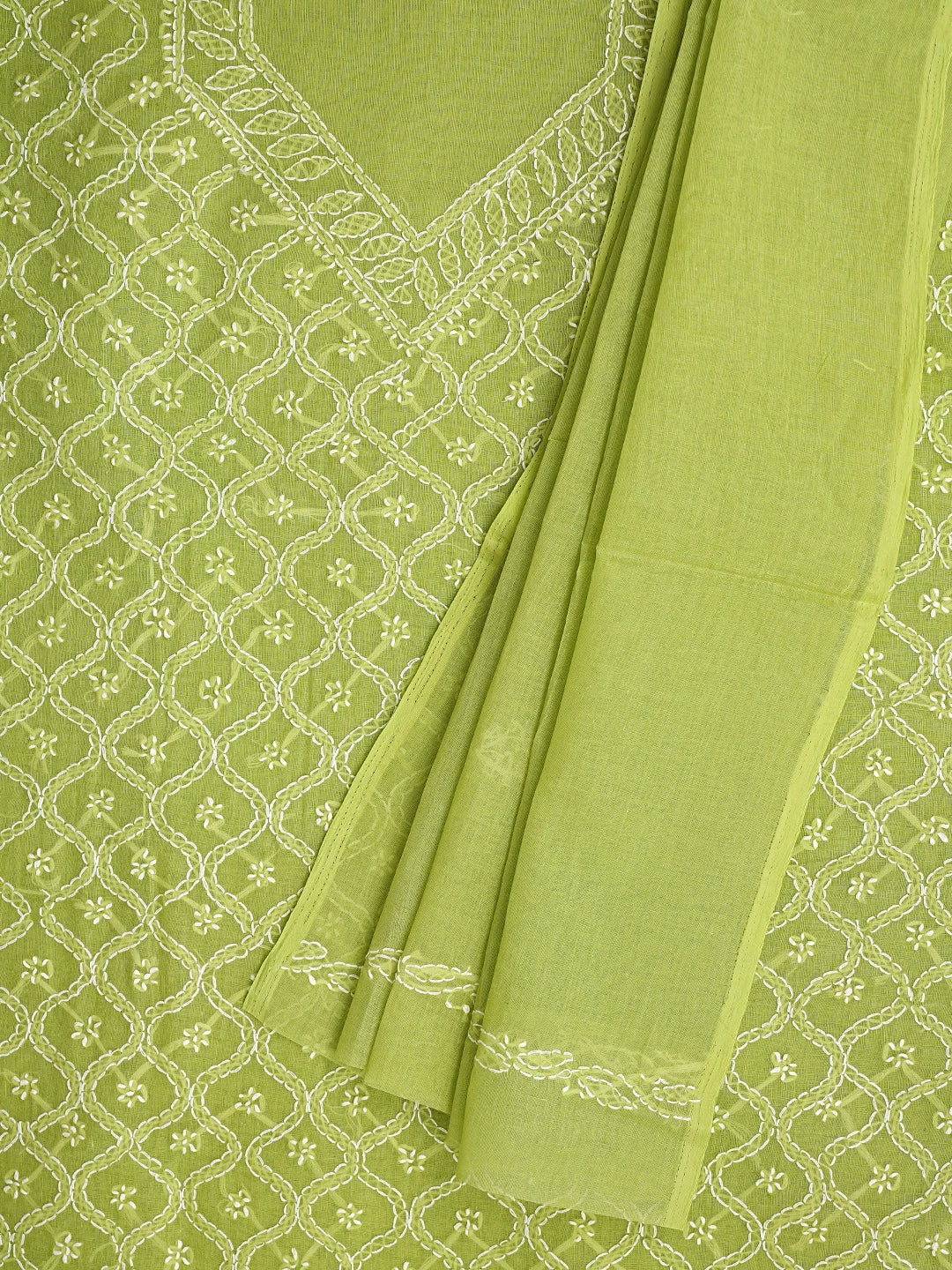 Ada Hand Embroidered Green Cotton Lucknowi Chikankari Unstitched Suit Piece 01A882370