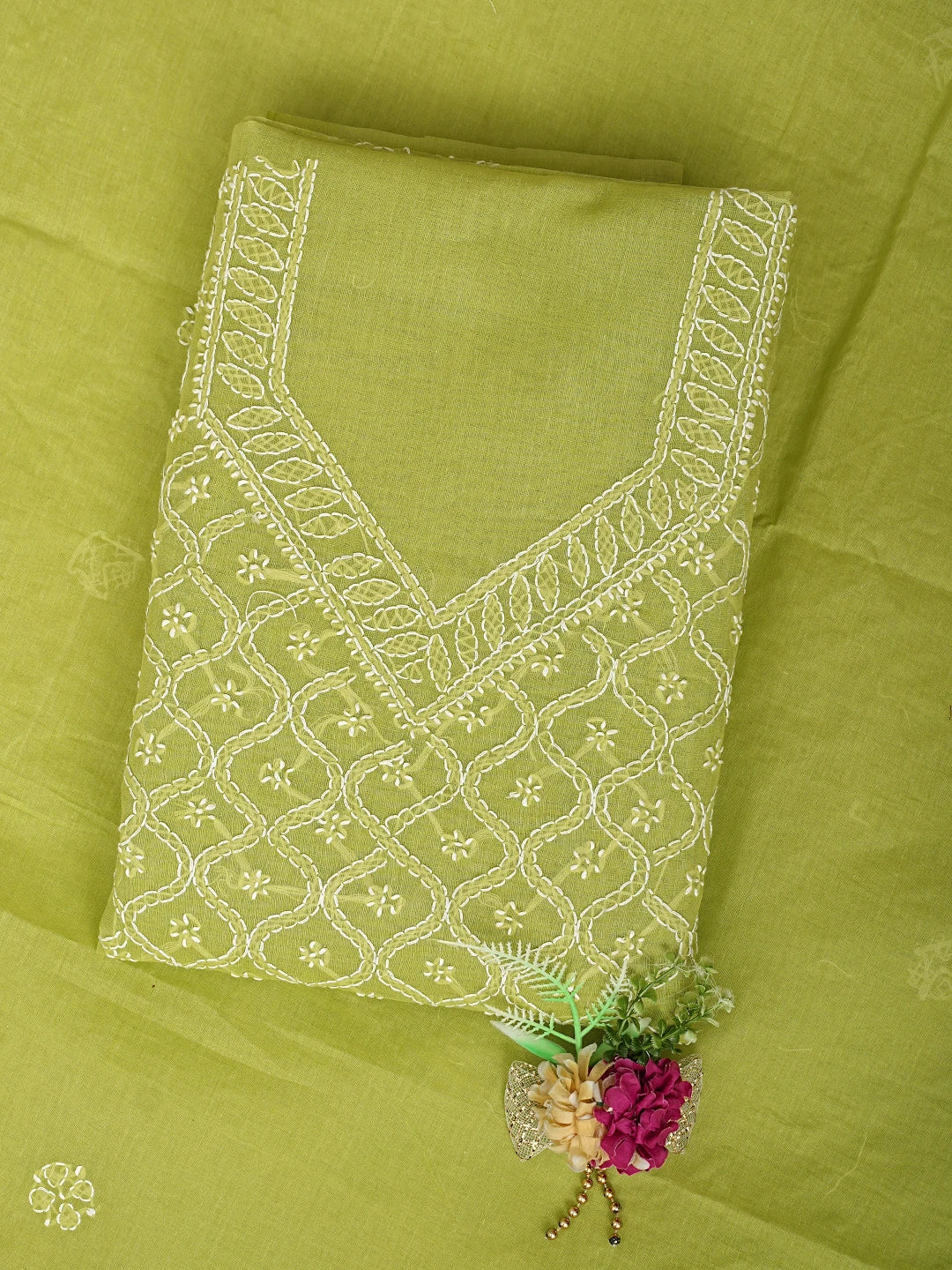 Ada Hand Embroidered Green Cotton Lucknowi Chikankari Unstitched Suit Piece 01A882370