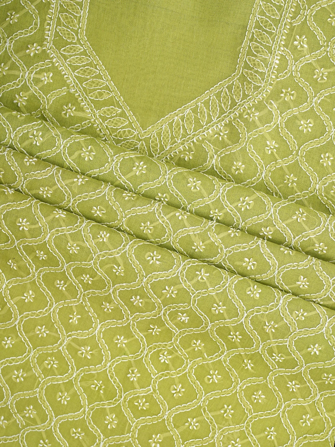 Ada Hand Embroidered Green Cotton Lucknowi Chikankari Unstitched Suit Piece 01A882370