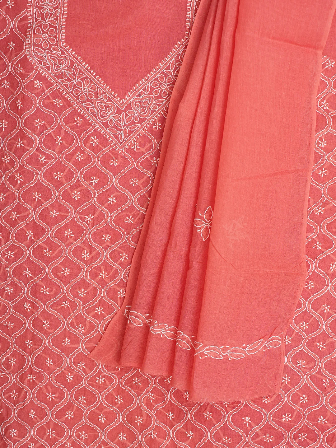 Ada Hand Embroidered Carrot Pink Cotton Lucknowi Chikankari Unstitched Suit Piece 01A887904