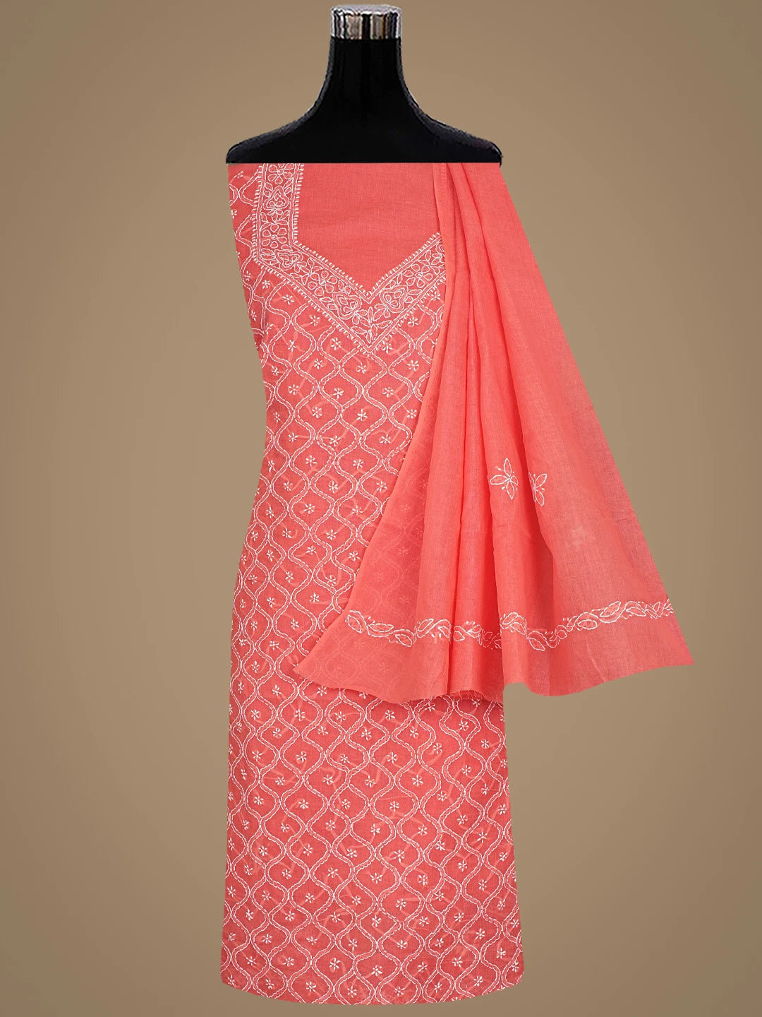 Ada Hand Embroidered Carrot Pink Cotton Lucknowi Chikankari Unstitched Suit Piece 01A887904