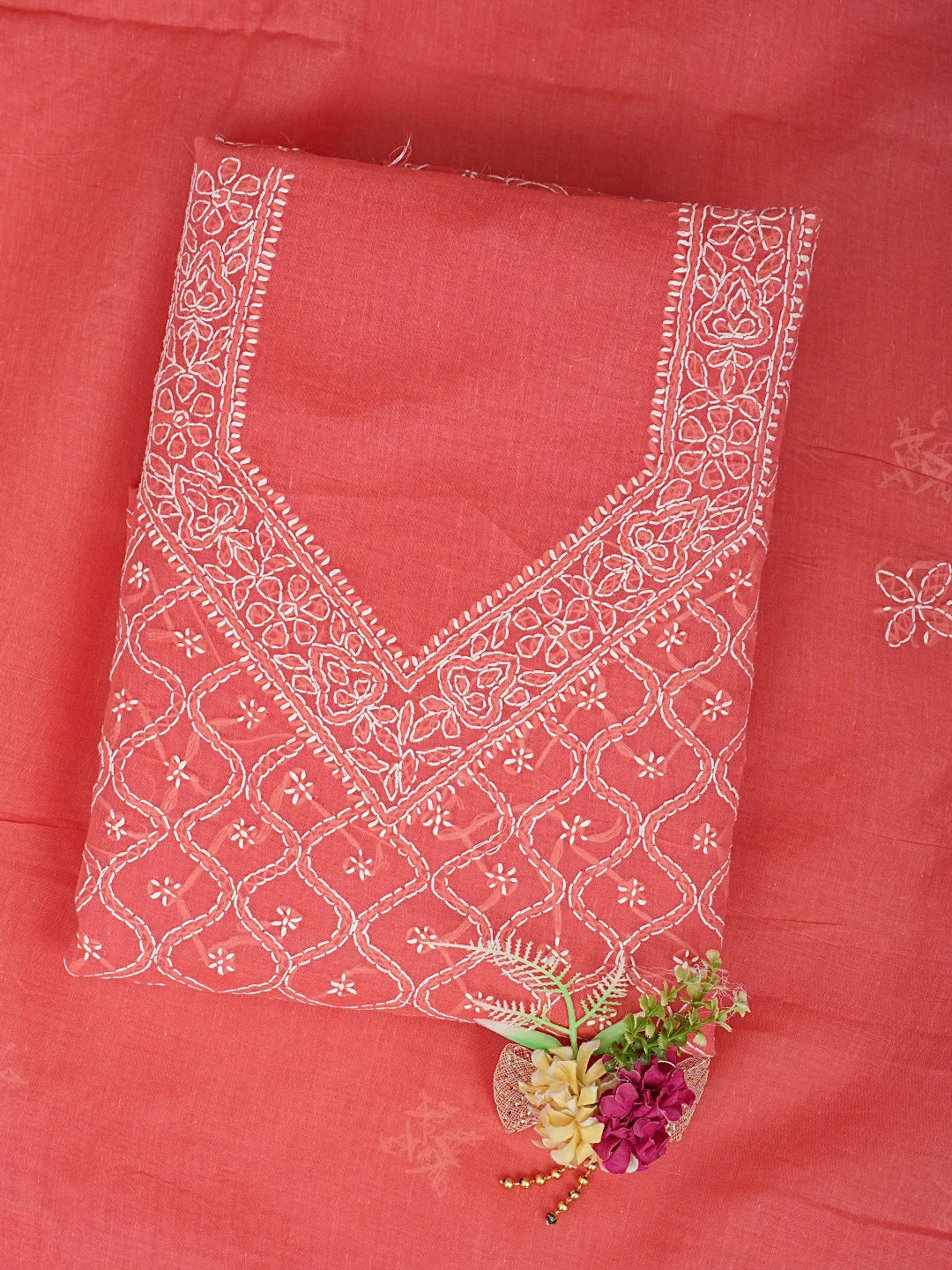 Ada Hand Embroidered Carrot Pink Cotton Lucknowi Chikankari Unstitched Suit Piece 01A887904