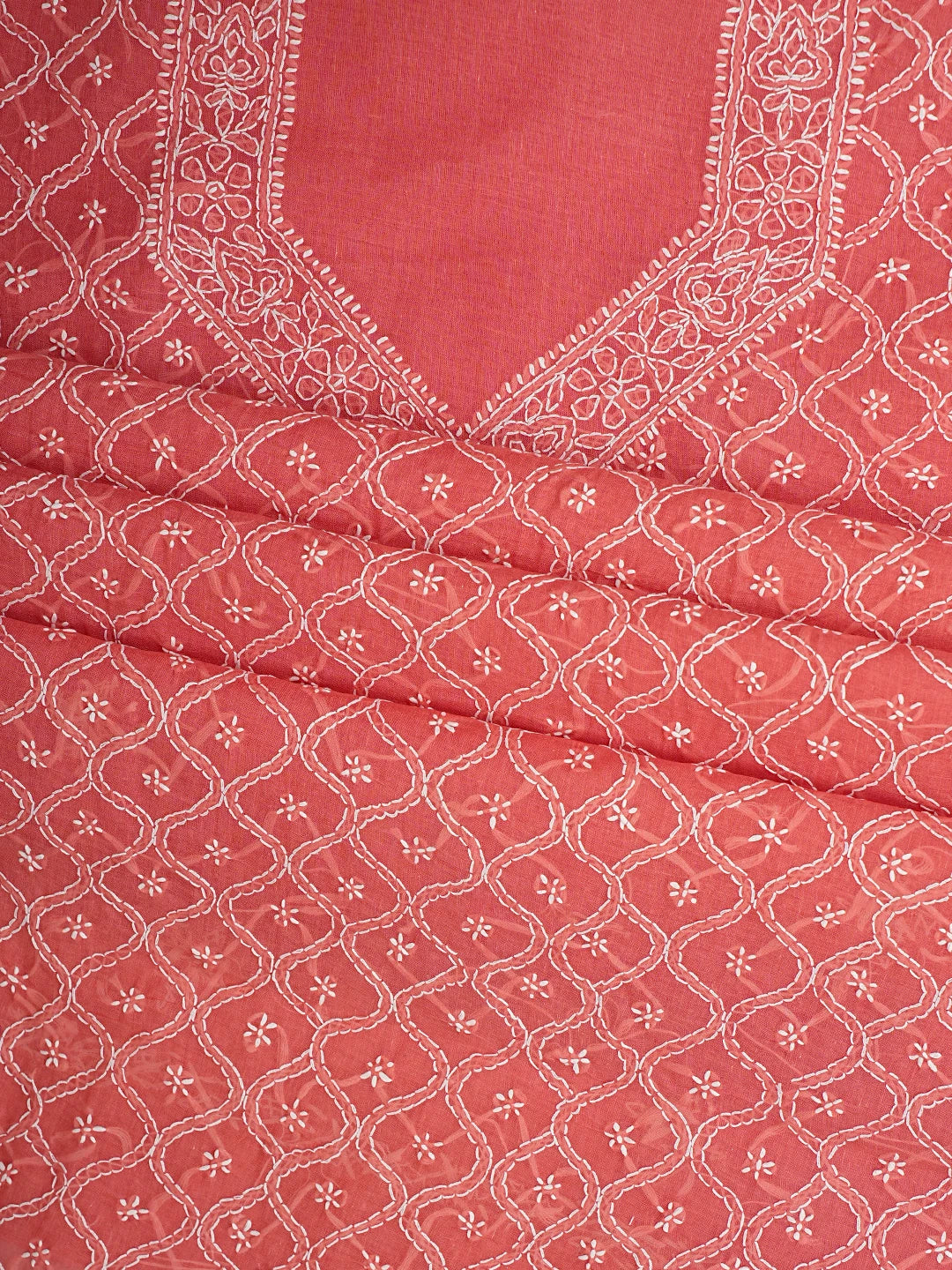 Ada Hand Embroidered Carrot Pink Cotton Lucknowi Chikankari Unstitched Suit Piece 01A887904