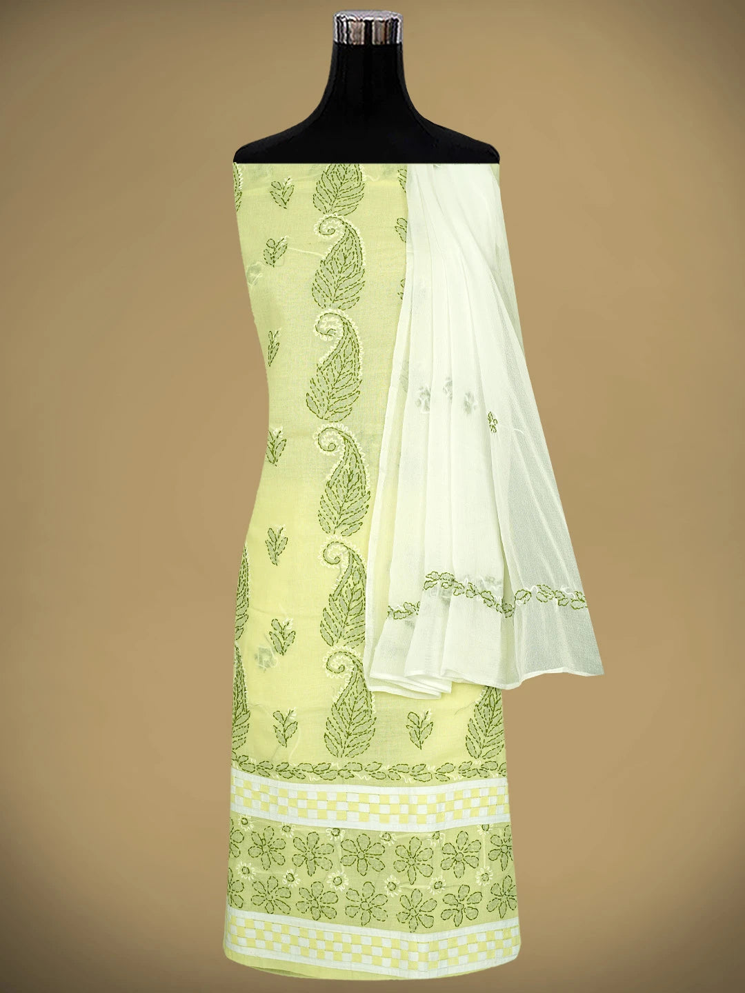 Ada Hand Embroidered Lemon Cotton Lucknowi Chikankari Unstitched Suit Piece with Chiffon Dupatta 01A880884