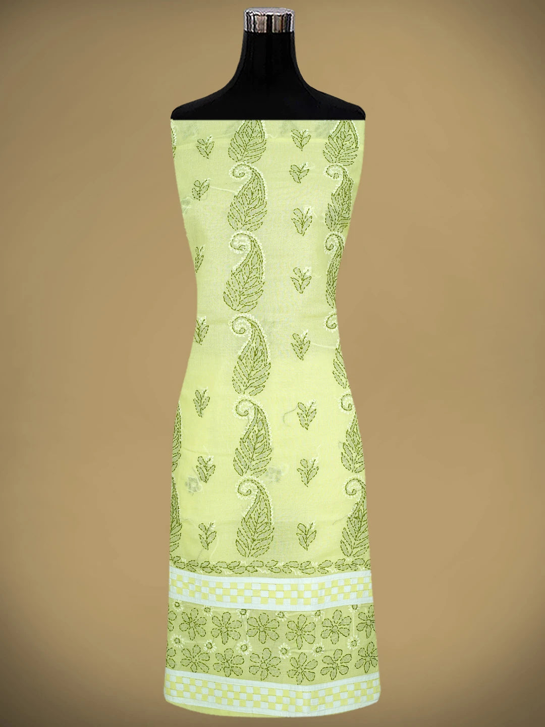 Ada Hand Embroidered Lemon Cotton Lucknowi Chikankari Unstitched Suit Piece with Chiffon Dupatta 01A880884