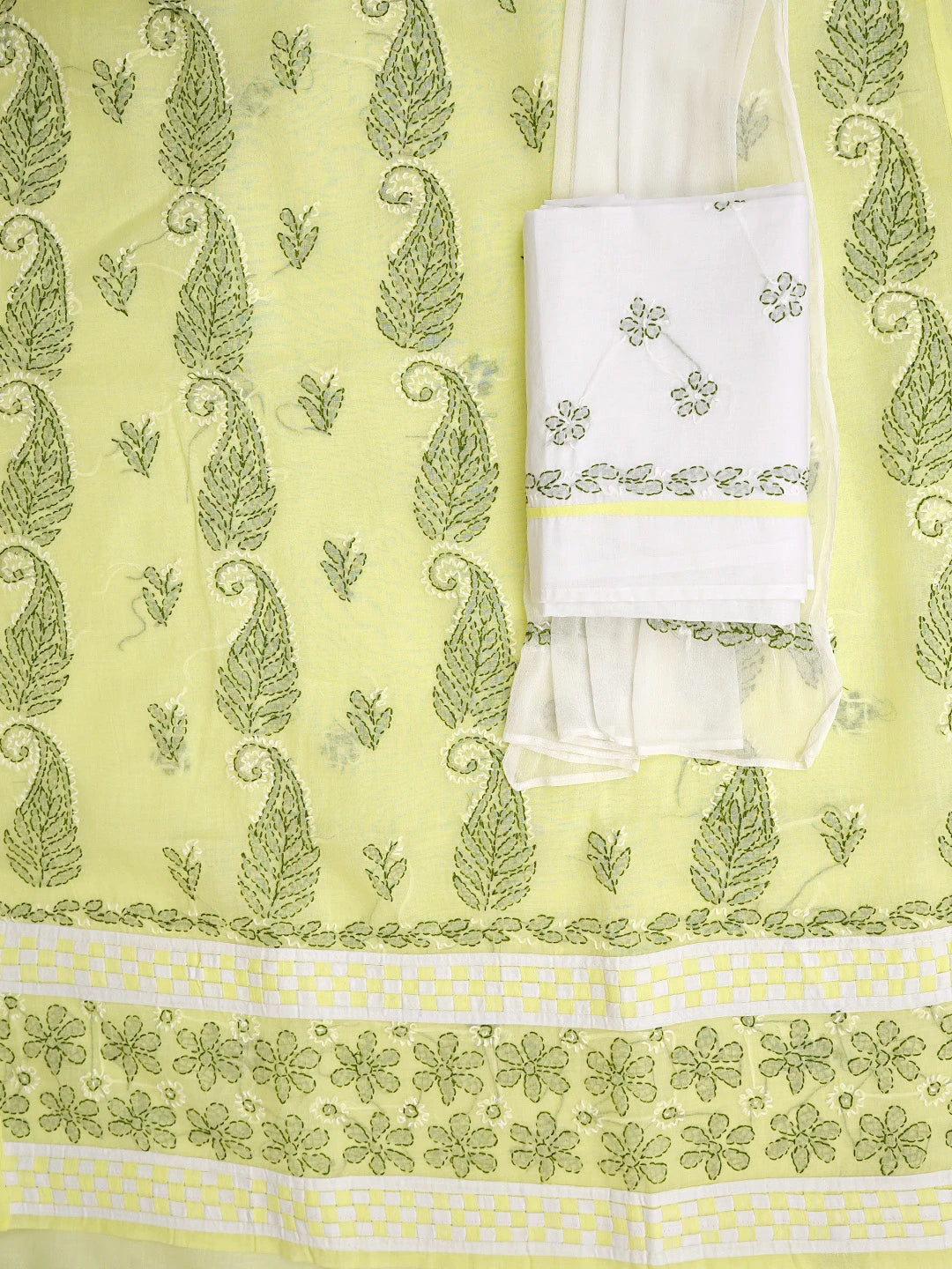 Ada Hand Embroidered Lemon Cotton Lucknowi Chikankari Unstitched Suit Piece with Chiffon Dupatta 01A880884