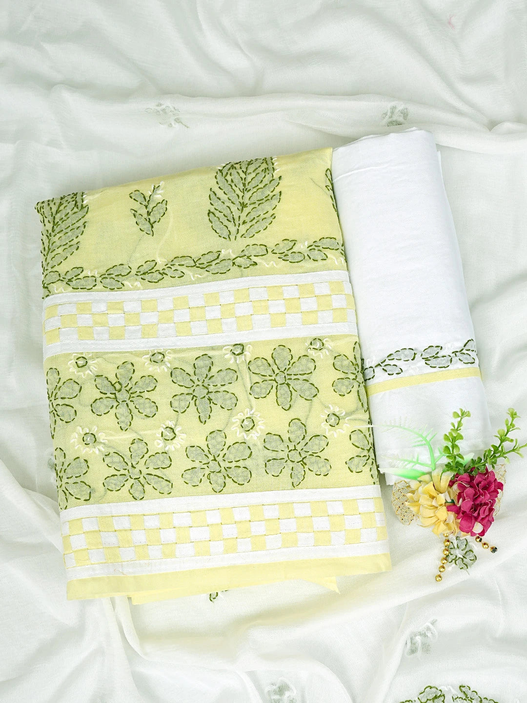 Ada Hand Embroidered Lemon Cotton Lucknowi Chikankari Unstitched Suit Piece with Chiffon Dupatta 01A880884