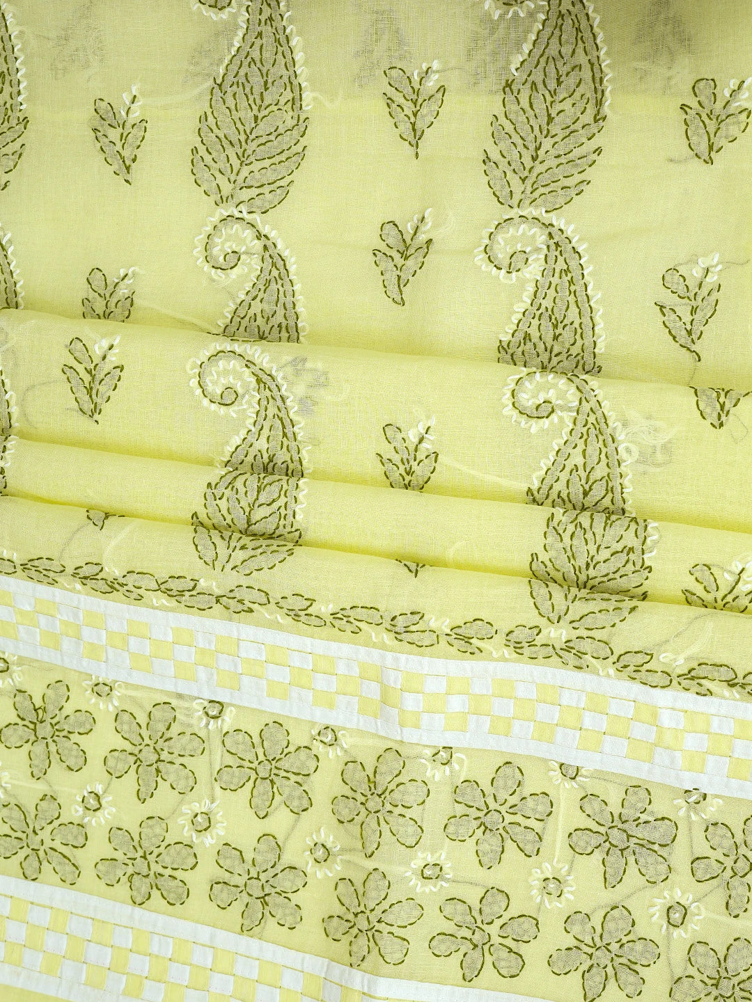 Ada Hand Embroidered Lemon Cotton Lucknowi Chikankari Unstitched Suit Piece with Chiffon Dupatta 01A880884