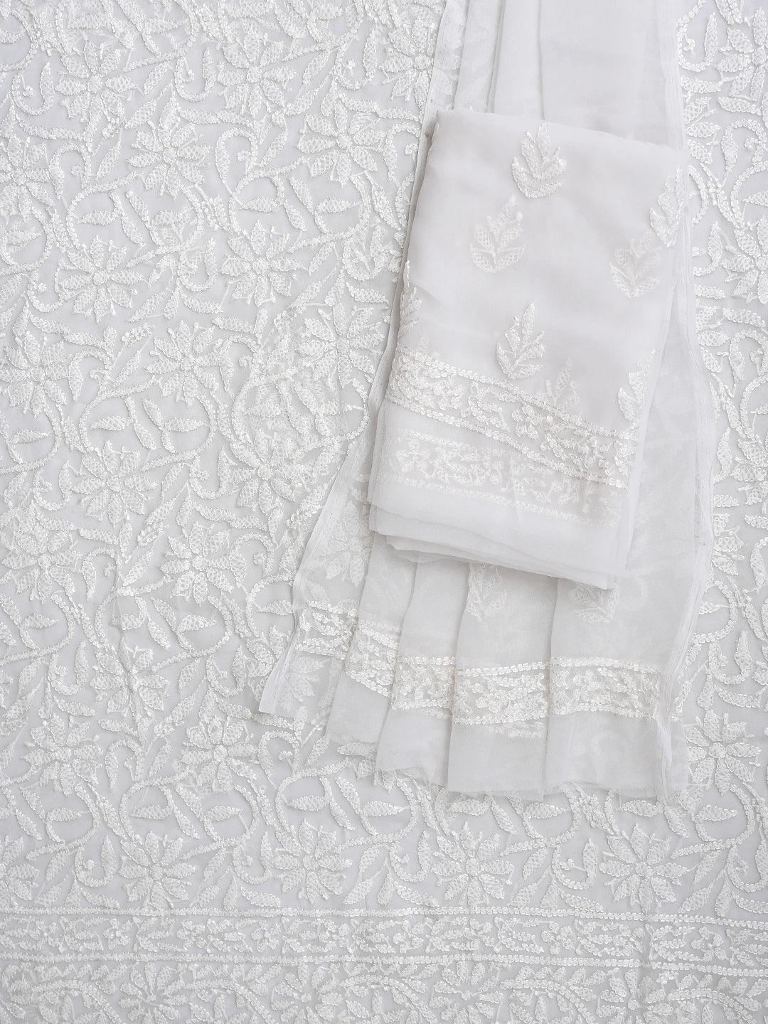 Ada Hand Embroidered White Georgette Lucknowi Chikankari Unstitched Suit Piece 01A878889