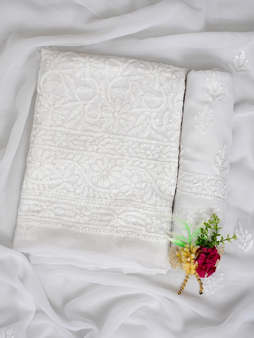 Ada Hand Embroidered White Georgette Lucknowi Chikankari Unstitched Suit Piece 01A878889