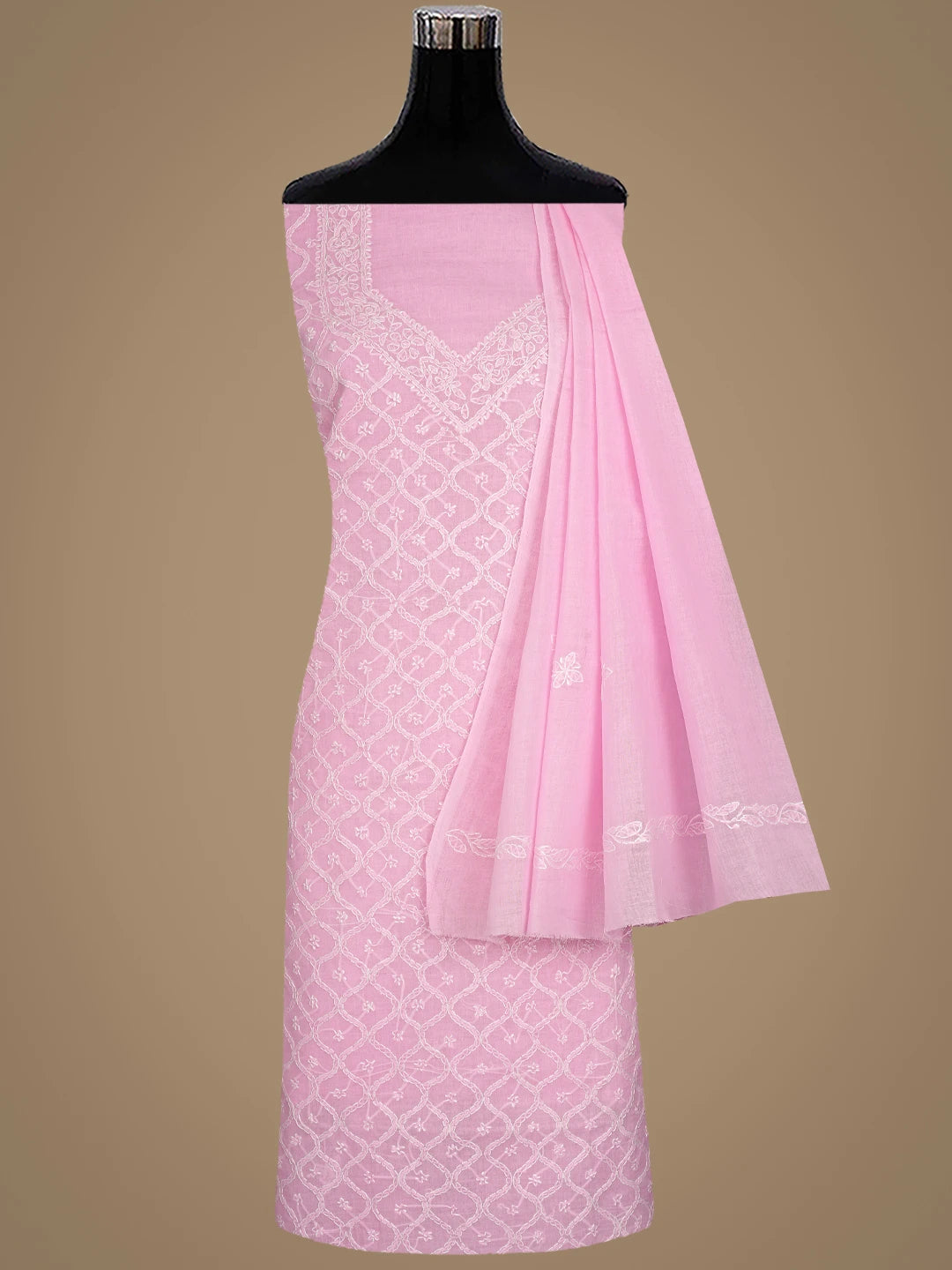 Ada Hand Embroidered Pink Cotton Lucknowi Chikankari Unstitched Suit Piece 01A882284