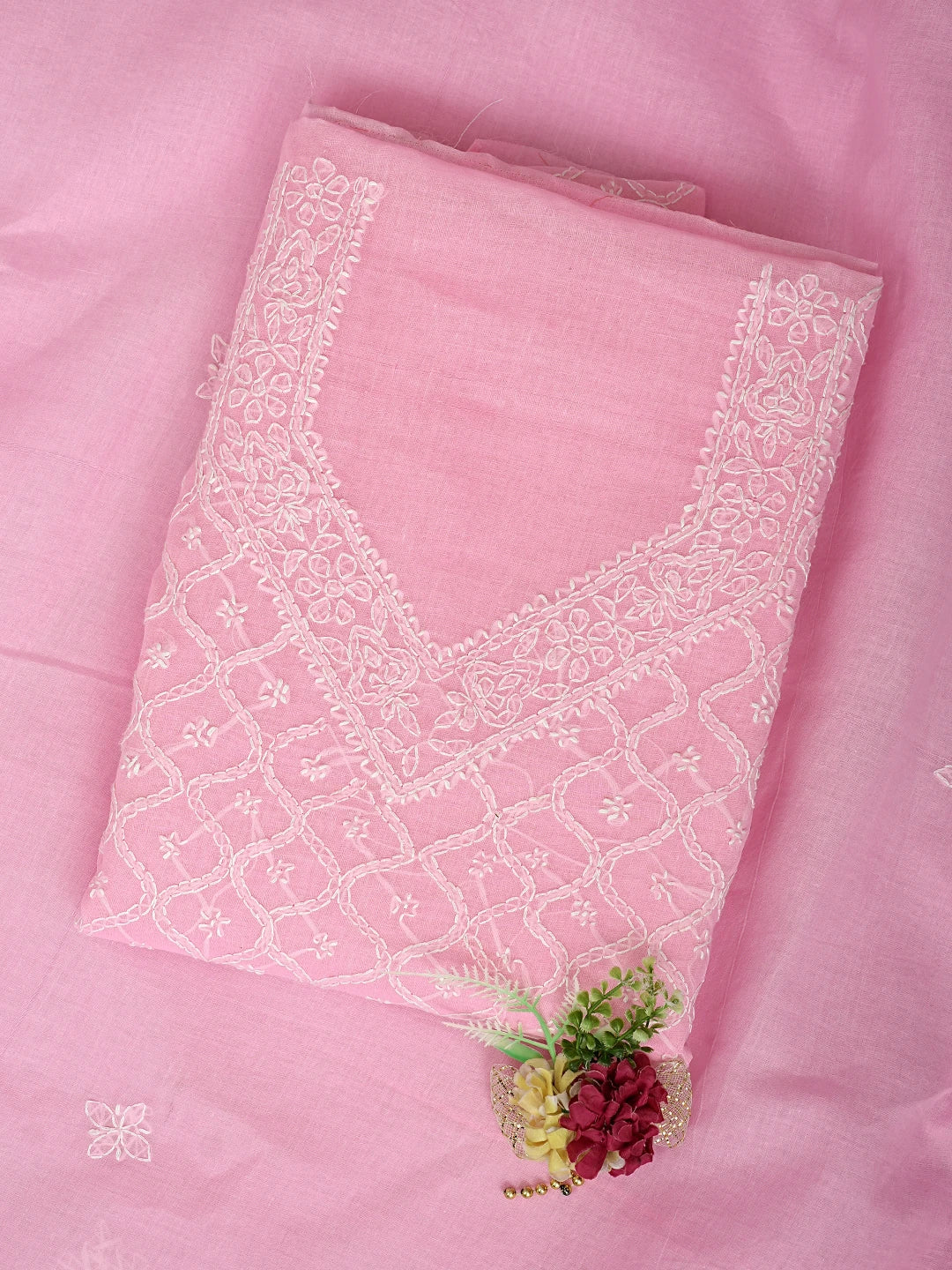 Ada Hand Embroidered Pink Cotton Lucknowi Chikankari Unstitched Suit Piece 01A882284