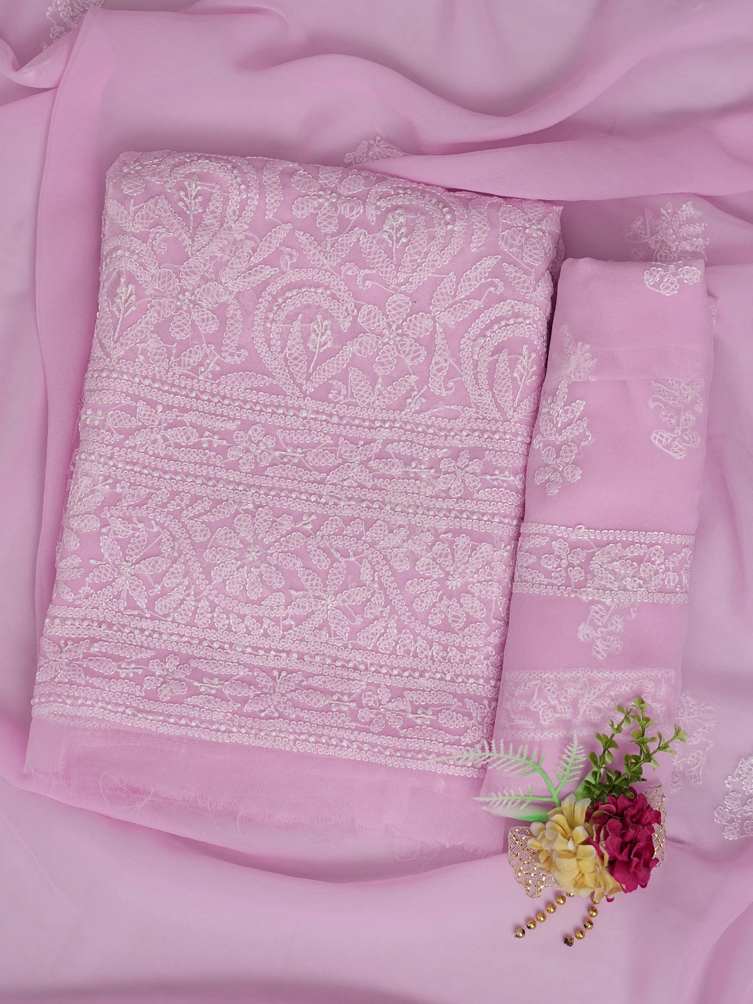 Ada Hand Embroidered Pink Georgette Lucknowi Chikankari Unstitched Suit Piece 01A878909