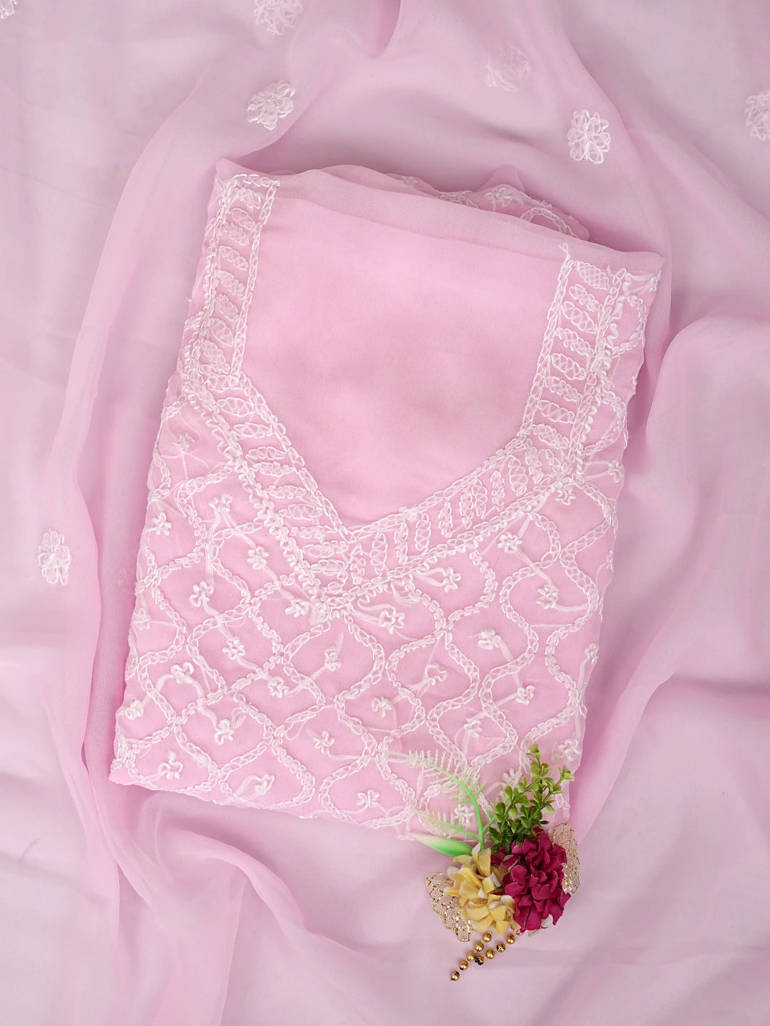 Ada Hand Embroidered Baby Pink Georgette Lucknowi Chikankari Unstitched Suit Piece 01A879226