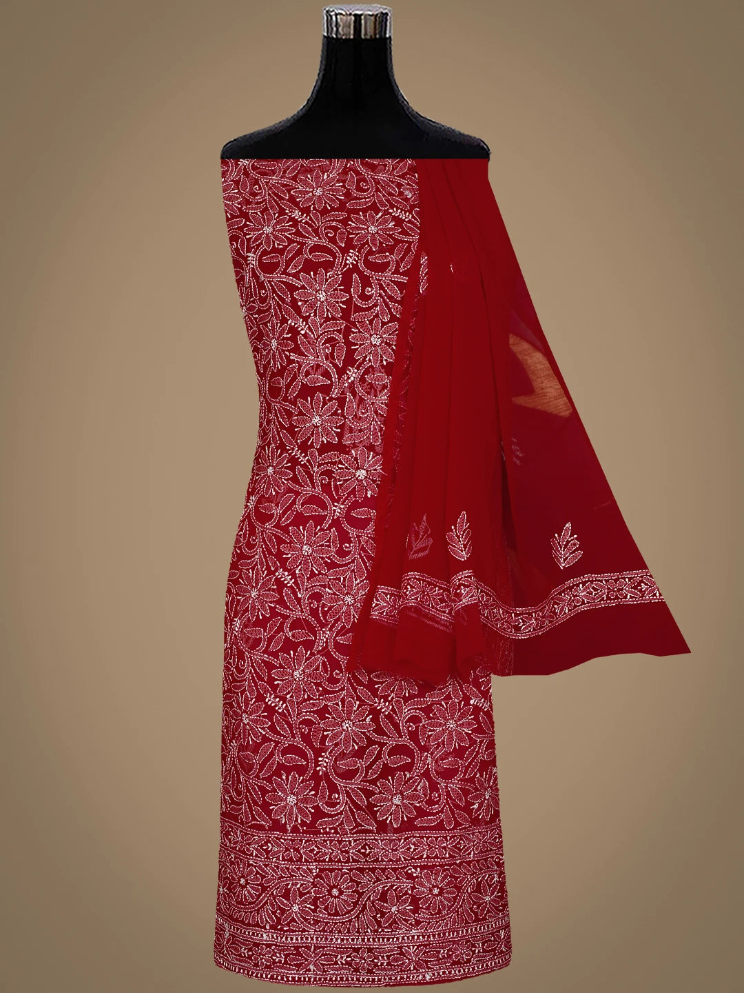 Ada Hand Embroidered Penn Red Georgette Lucknowi Chikankari Unstitched Suit Piece 01A878891