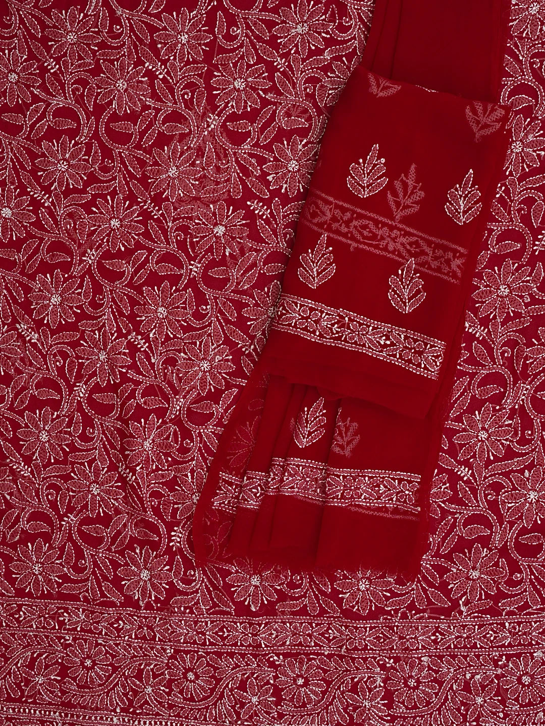 Ada Hand Embroidered Penn Red Georgette Lucknowi Chikankari Unstitched Suit Piece 01A878891