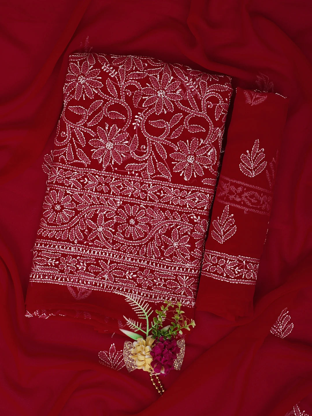 Ada Hand Embroidered Penn Red Georgette Lucknowi Chikankari Unstitched Suit Piece 01A878891